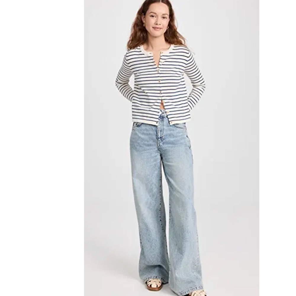 Demylee Camel Stripe Anchor Stitch Button Down Cardigan M DEMYLEE Caley Stripe